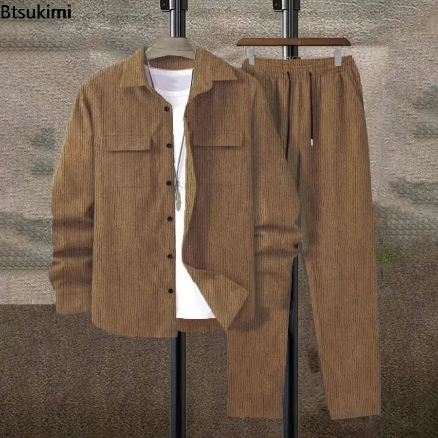 New Men's Long Sleeve Corduroy Jackets Pants Sets Fashion Versatile Casual Tracksuit Two Piece Sets Men Vintage Simple Sportwear