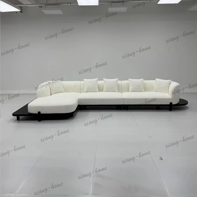 PG Cream Boucle L Shaped Modular Sofa Chaise Rounded Armrest Wooden Base Deep Seat For Living Room Villa Bedroom Home Decor