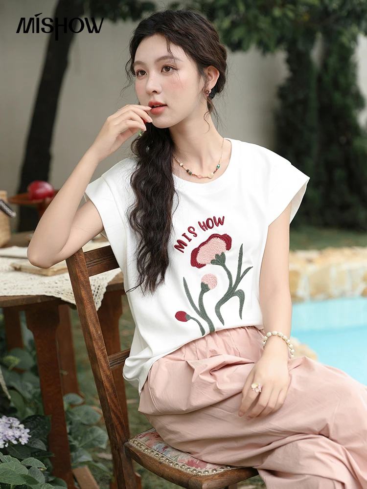 

MISHOW Flying Sleeve Tulip Embroidery T-shirt for Women 2024 Summer Round Neck Tank Top Casual Loose Tees Office Lady MXD26T0285