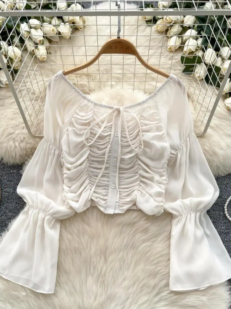 

French 2024 Autumn New Black Beige Slim Festival Blouse Women Green Flared Long Sleeved Pleated Lace-up Short Shirt Versatile