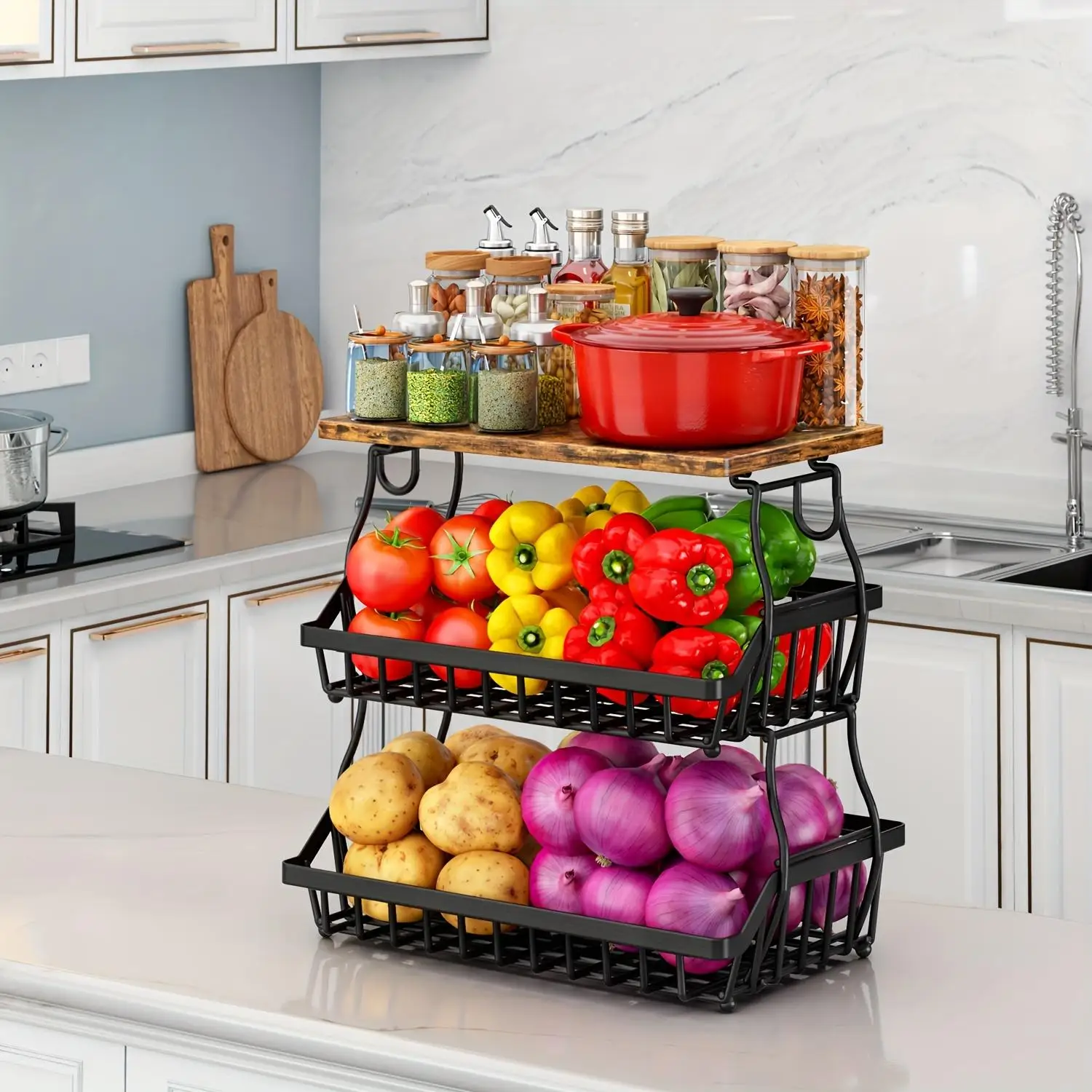 3 Tier Metal Wire Fruit Vegetable Basket Kitchen Storage Cart Freestanding Produce Organizer Rack for Onion Potato Pantry Utility Floor Shelf Display Bowl Black