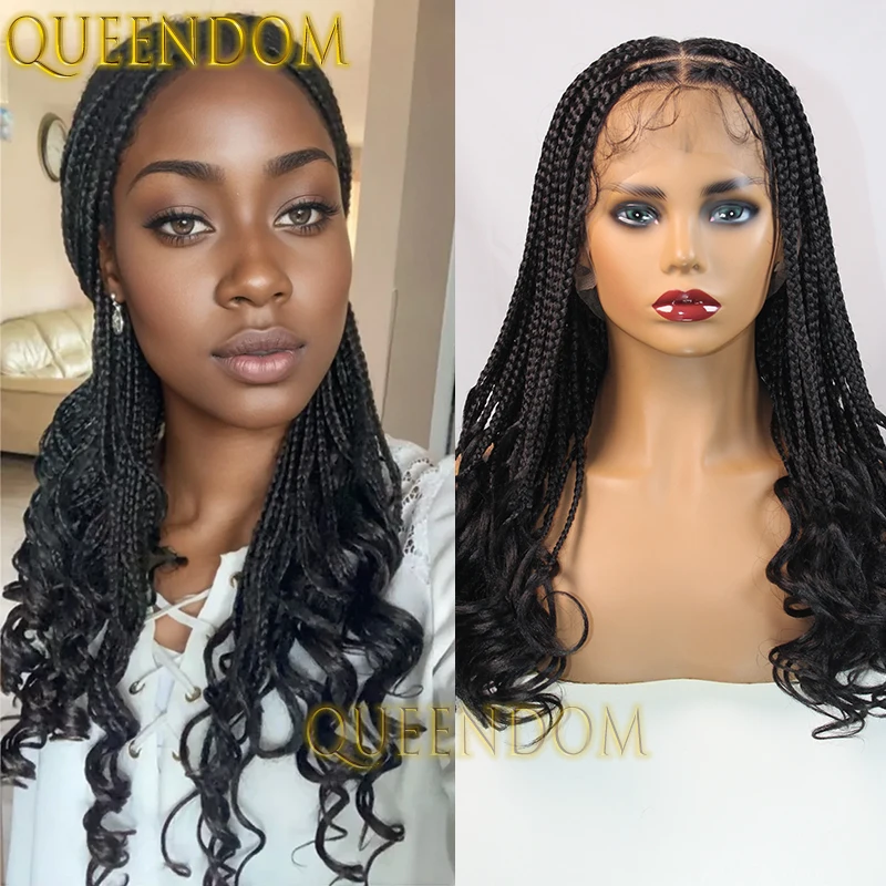 Pełna koronkowa syntetyczna pleciona peruka Cornrow 18-calowa francuska peruka z kręconymi włosami z falowanymi kręconymi końcami Bez węzłów Warkocze szydełkowe Peruka z warkoczem