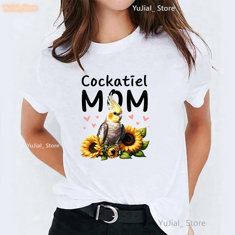 

Cockatriel Mom Graphic Printed T Shirt Women Funny Flowers Parrots Tshirt Femme Summer Fashion Short Sleeve T-Shirt Female