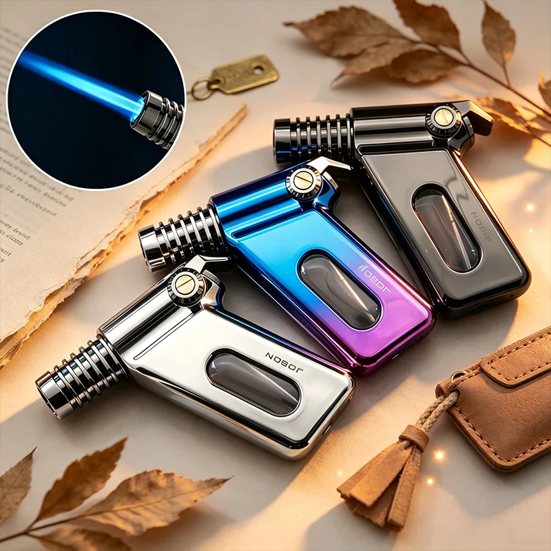 Novelty Metal Butane Lighter, Wind Resistant Straight Jet with Transparent Fuel Window, Cigarette Cigar Tool, Premium Male