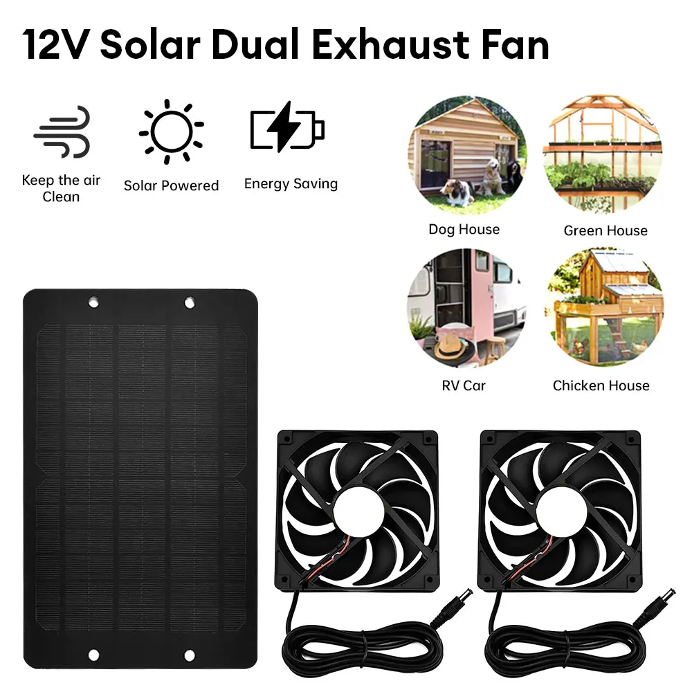 12V Solar Dual Exhaust Fan Mini Ventilator 10W Solar Panel Powered Fan Solar Panel Charger Waterproof Fans For Dog Chicken House