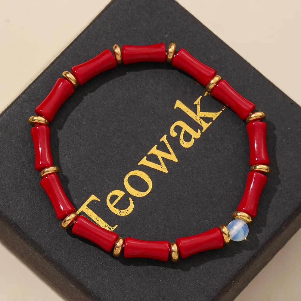 TeoWaki Red Coral Glass Bamboo Bracelet one Opalite as Spacer Beads Chinese Style Daily Jewelry Best Gift For Women Men 18-19cm