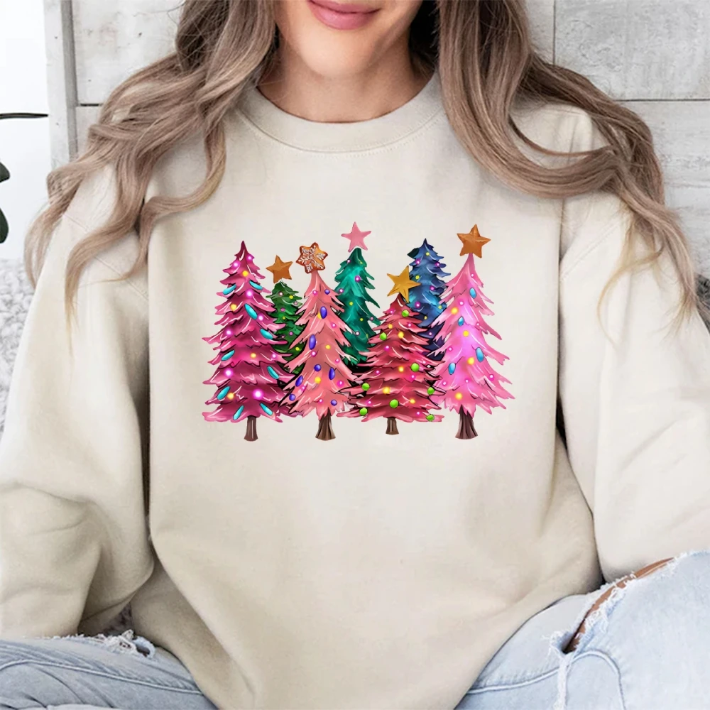 Maglione girocollo casual con grafica albero di Natale a colori 2024 Felpa calda morbida in cotone con maglione a maniche lunghe alla moda