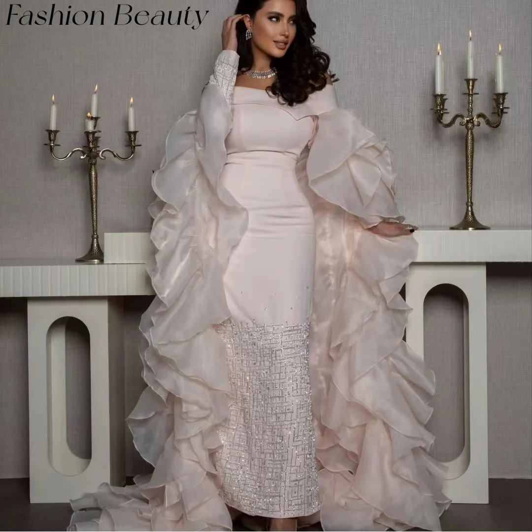 Fashion Beauty Prom Dresses Off Shoulder Tiered Ruffles Sweep-Train Beads Formal Occasion Dress For Women 2024 فساتين سهره فاخره