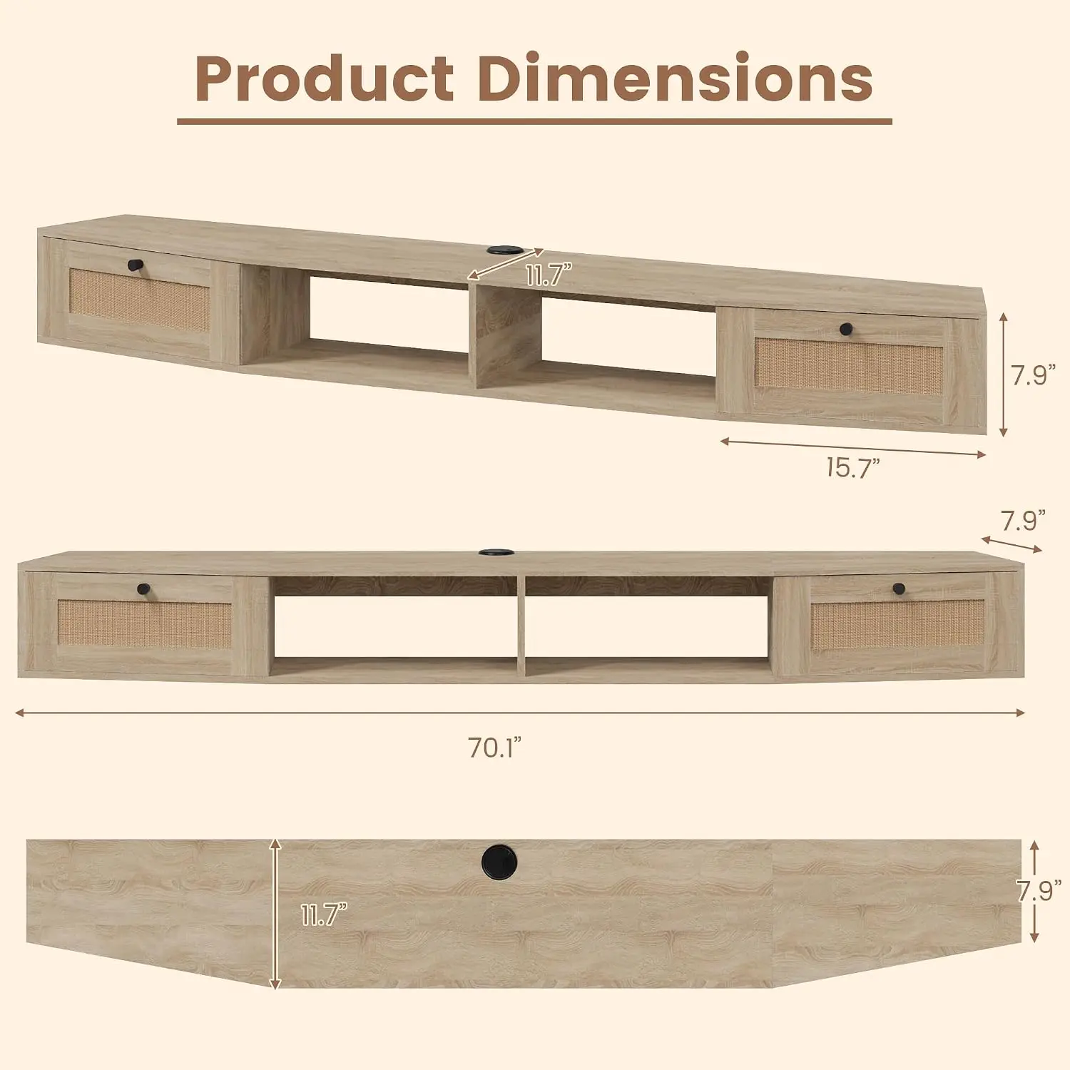 Modern Rattan Floating TV Stand, Wall-Mounted Floating Stand for TVs up to 80 Inches with Doors, Entertainment Center for Under