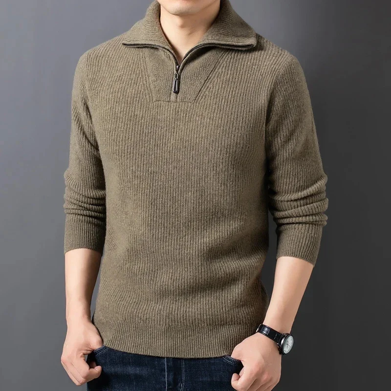 

Pure Thickened Wool Sweater Men's Winter Half Zipped Stand Collar Jacquard Trend Knitting Bottoming Shirt Warm