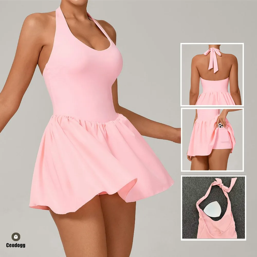 

Теннисное платье с лямкой на шее, комплект для йоги, спортивные шорты для фитнеса, антишорты для гольфа, бадминтона, карманные шорты для тренировок, цельный комбинезон для спортзала, женский XP200