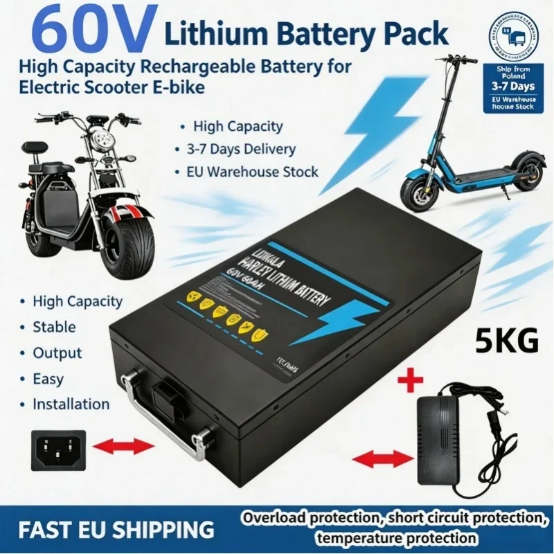 2000W Halei 60V 60Ah Lithium-Akkupack, wiederaufladbarer Li-Ionen-Akku für Harley Elektroroller, E-Bike, Motorrad, EU-Lagerbestand, Versand aus Polen