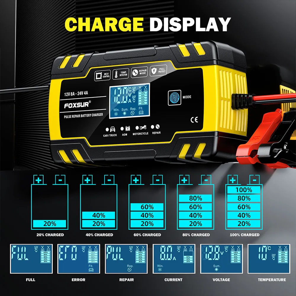 Battery Charger 8A-12V and 24V Automotive Trickle Charger Battery Maintainer for Car Truck Motorcycle LCD Display GEL Lead Acid