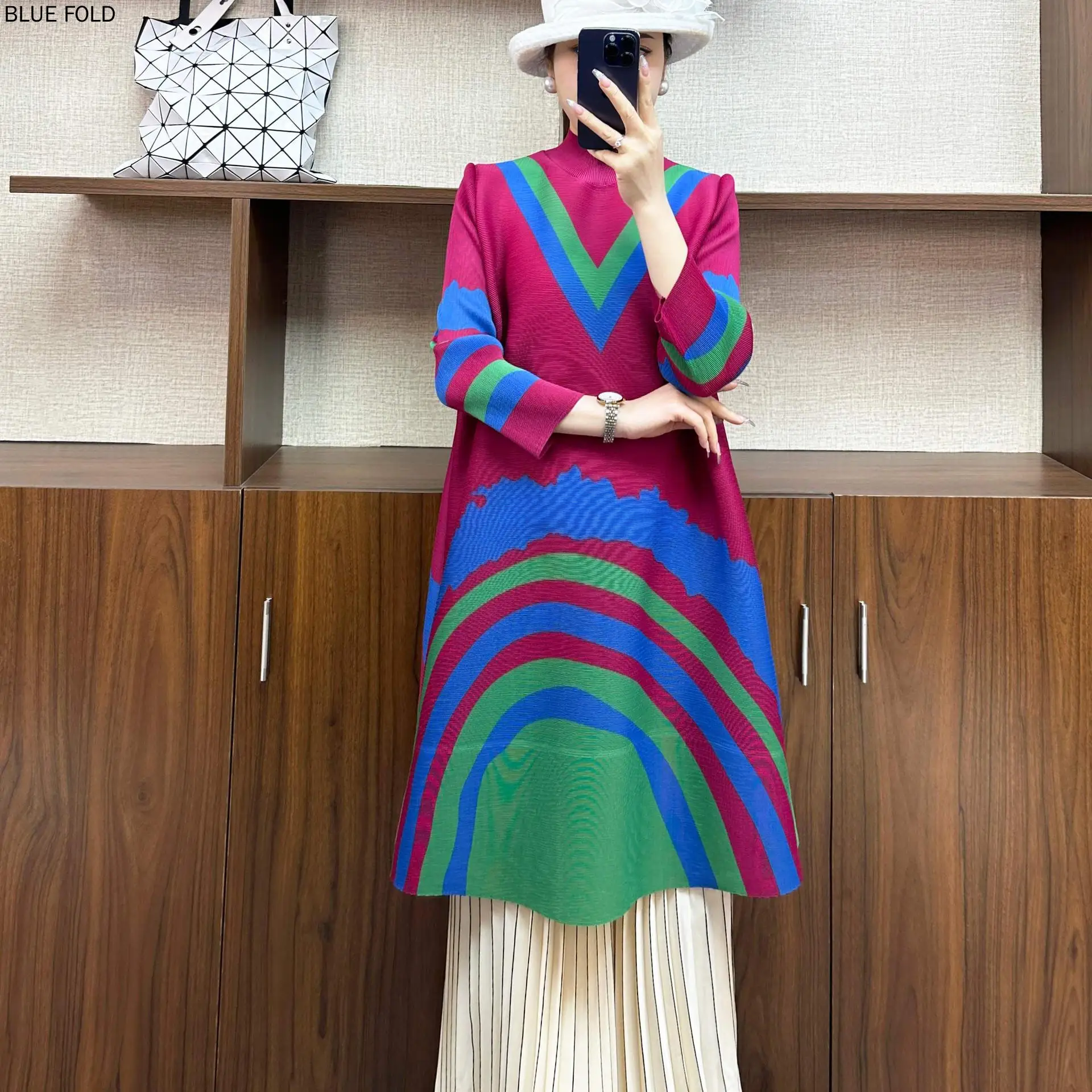 MIYAKE New Pleated Large Size Loose Fashionable Women's High Collar Mid-length Dress Rainbow Dresses PLEATS Elegant Vestido Robe