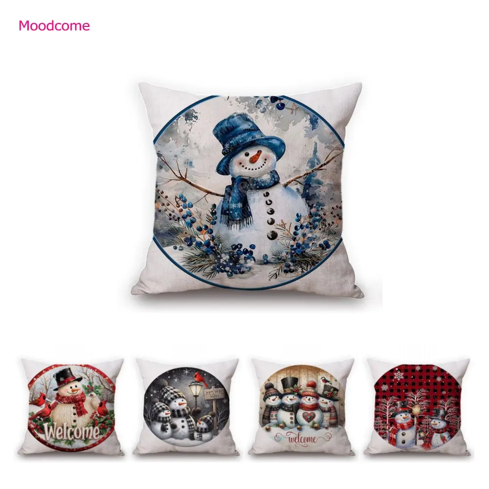 Lovely Cute Round Shape Snowman Art Merry Christmas Decoration Sofa Throw Pillow Case Cotton Linen Xmas Party Art Cushion Cover