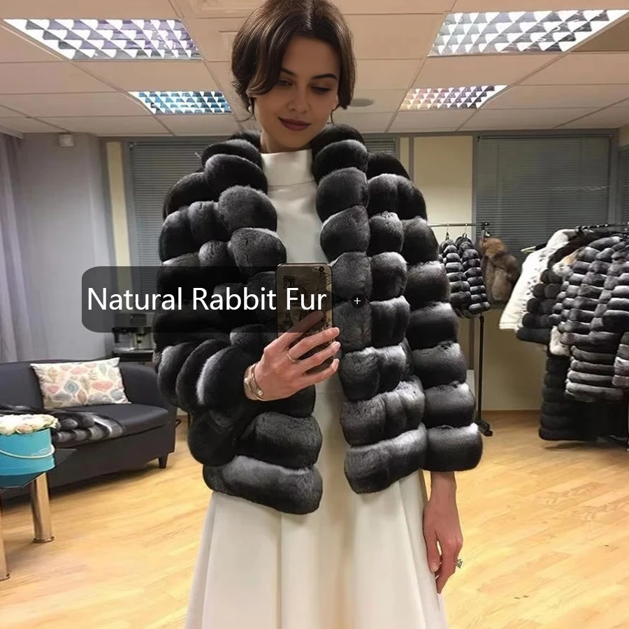 Chinchilla เสื้อขนสัตว์ผู้หญิง Real Rex กระต่ายขนสัตว์ฤดูหนาว WARM แฟชั่น Overcoat