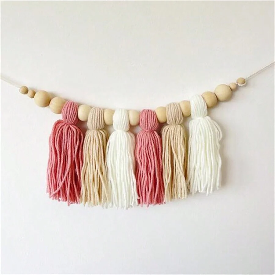 Boho Cotton Tassel Garland Wall Decoration with Wooden Beads Nursery Decor for Baby Room Tent Hanging Pendant Photo Props