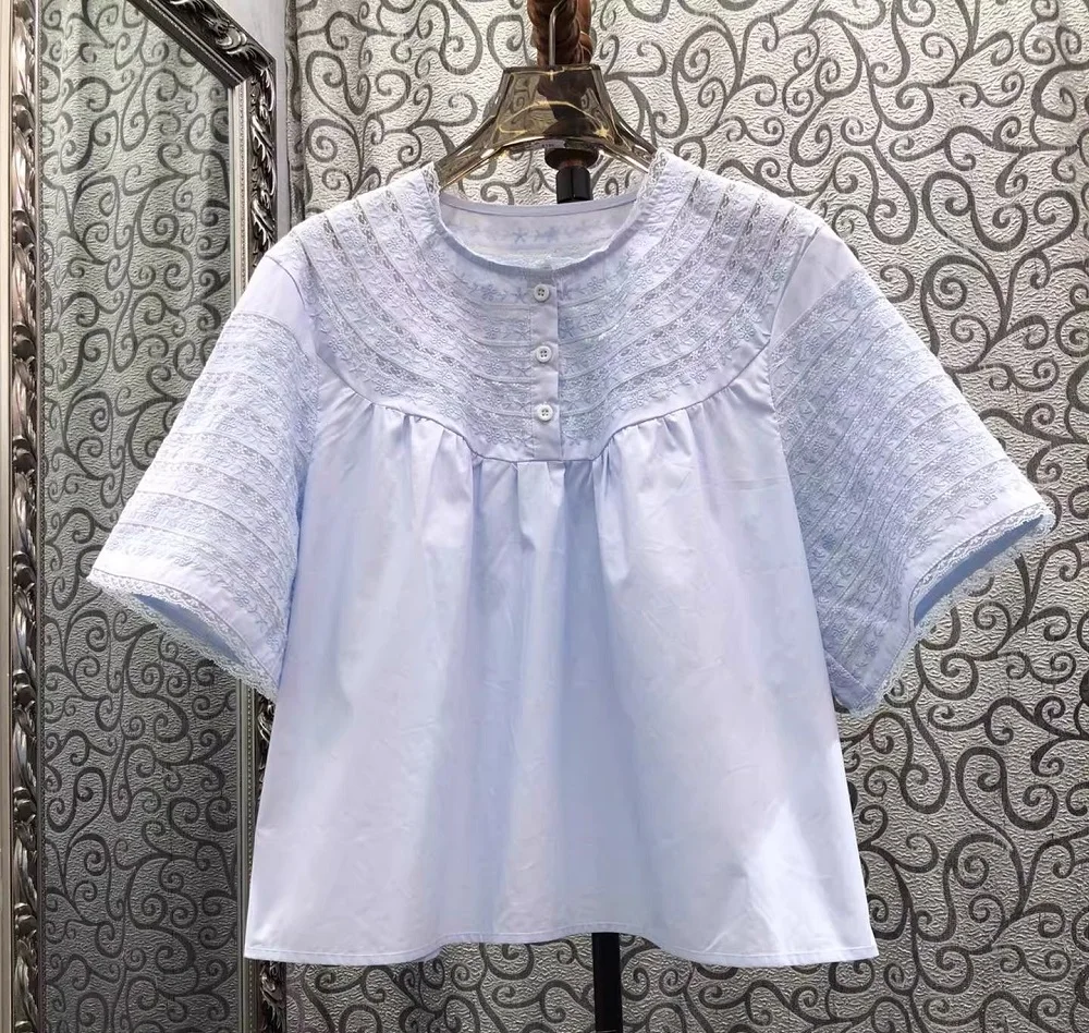

100%Cotton Blouses 2026 Summer Fashion Women Lace Embroidery Button Deco Short Sleeve Casual Blue White Black Tops Blouse Female