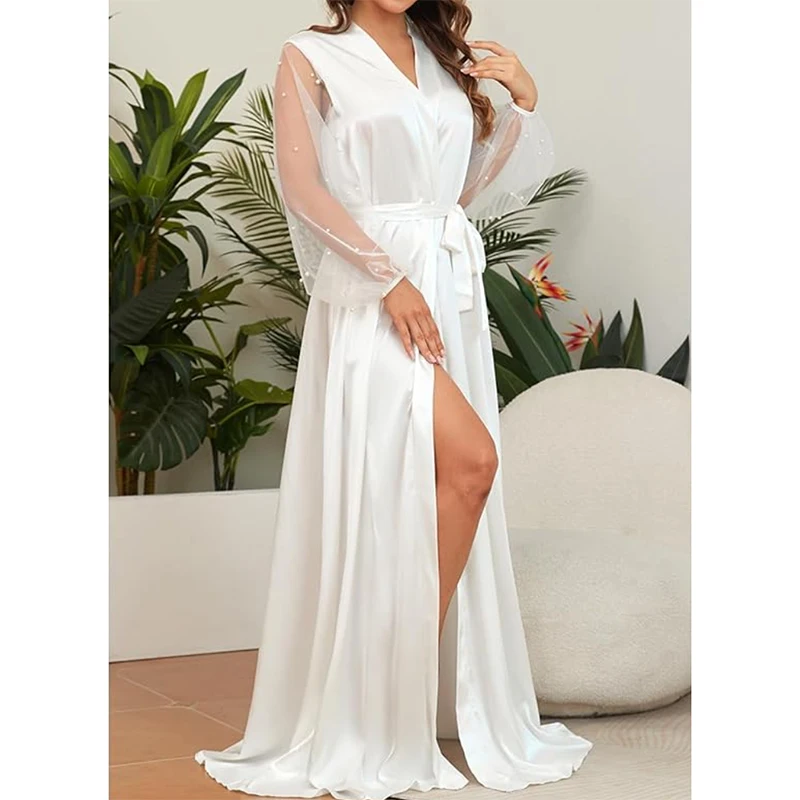 

Long Feather Sleeve Bathrobe Sexy Ice Silk Kimono Wedding Bride Dress Women Loose Sleepwear Loungewear Casual Nightgown