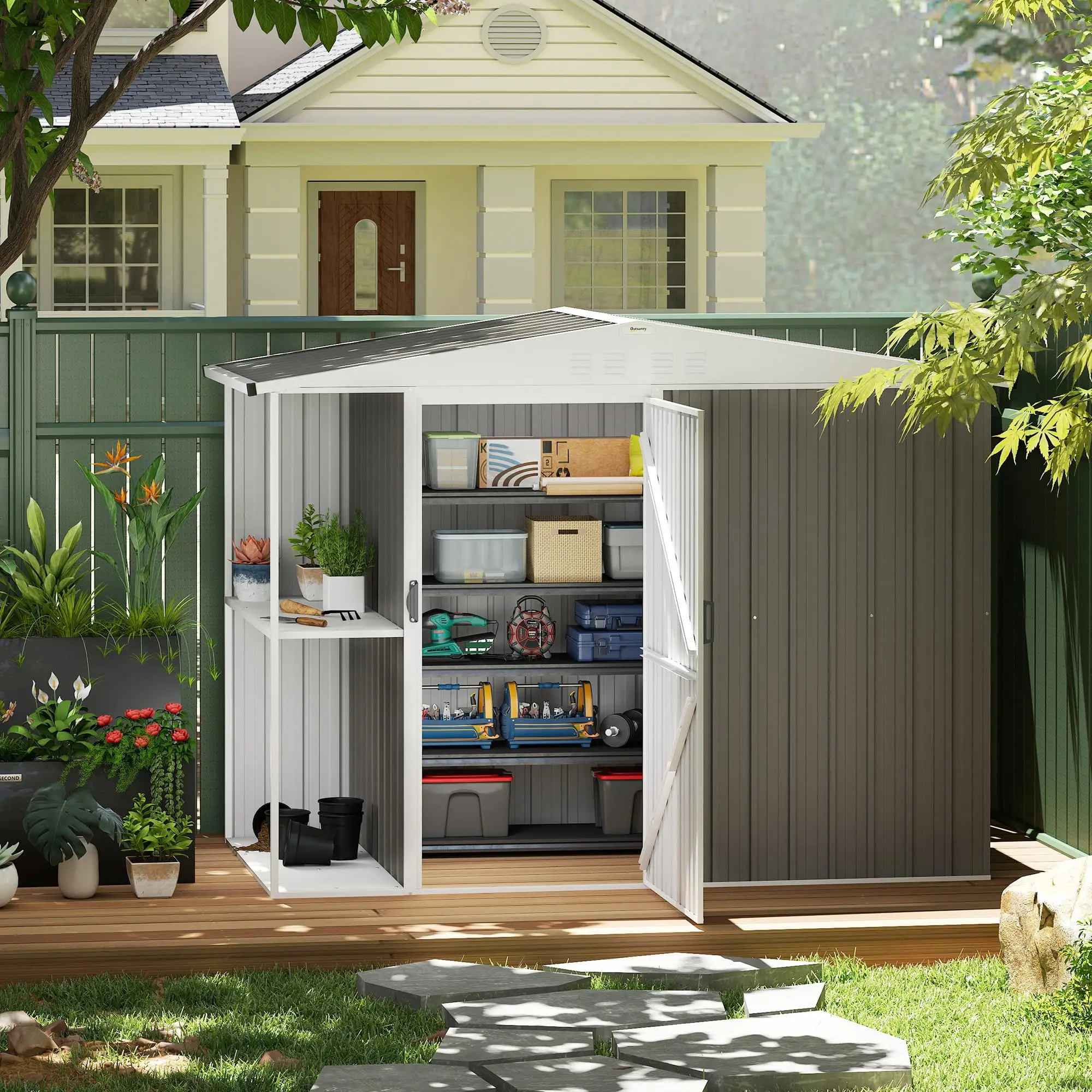 8 x 4ft Outdoor Storage Shed with Lock for Backyard Warm Gray | 2-Tier Storage Rack, Air Vents, Garden Tool Shed