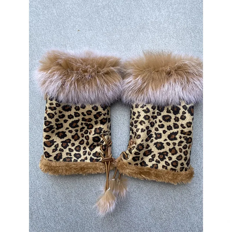 Y2K Leopard Print Gloves Plush Suede Faux Rabbit Fur Fingerless Gloves Christmas Women Hand Wrist Windproof Mittens Warmer