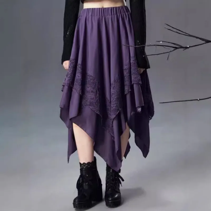 Damskie spódnice koronkowe w stylu gotyckim punkowym Y2K streetwear steampunk z kontrastową koronką, nieregularne, renesansowe, cosplay, nowa kolekcja vintage 2025