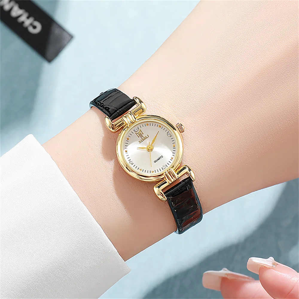 UTHAI New Women\'s Watch with Small Dial and Diamond Inlaid Female Fashion Quartz Watches Black Leather Student Clock Wristwatch