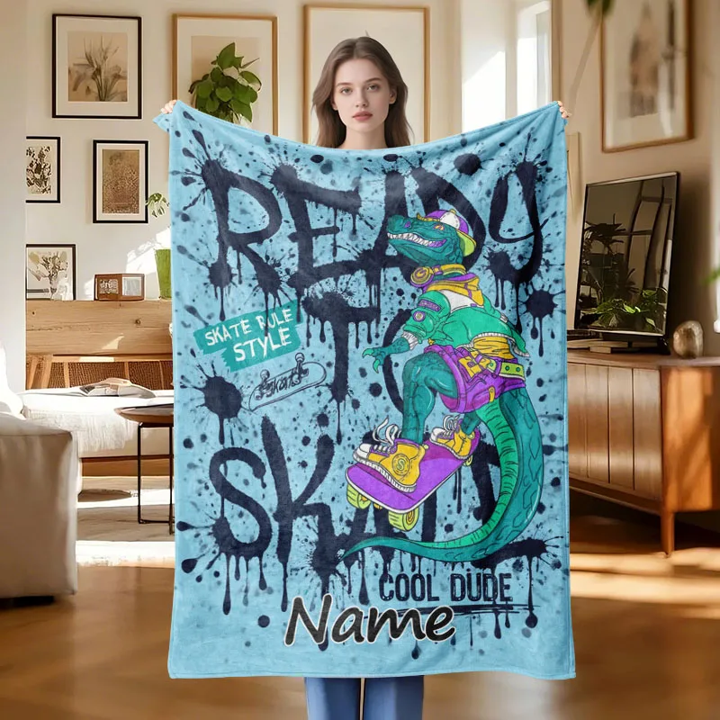 

1Pc Custom Name Text Skateboard Dinosaur Flannel Blanket Suitable for Sofa Bed Living Room Bedroom Office Decor Suitable for Hal