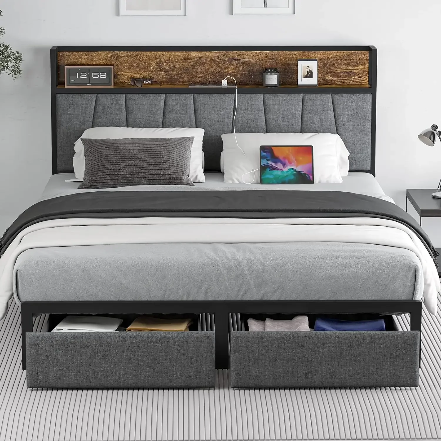 Queen Size Bed Frame with Headboard and Storage, Drawers Platform Bed Frame with Storage Chargin Station LED Light , Heavy Duty