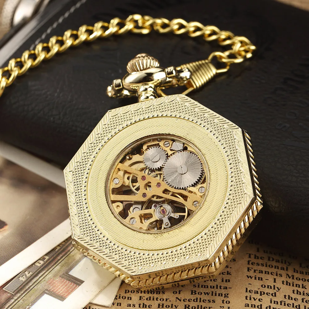 Ramadan Classic Hexagonal Mechanical Pocket Watch FOB Chain Steampunk Roman Dial Skeleton Gold Hollow Steel Men's Pocket Watch