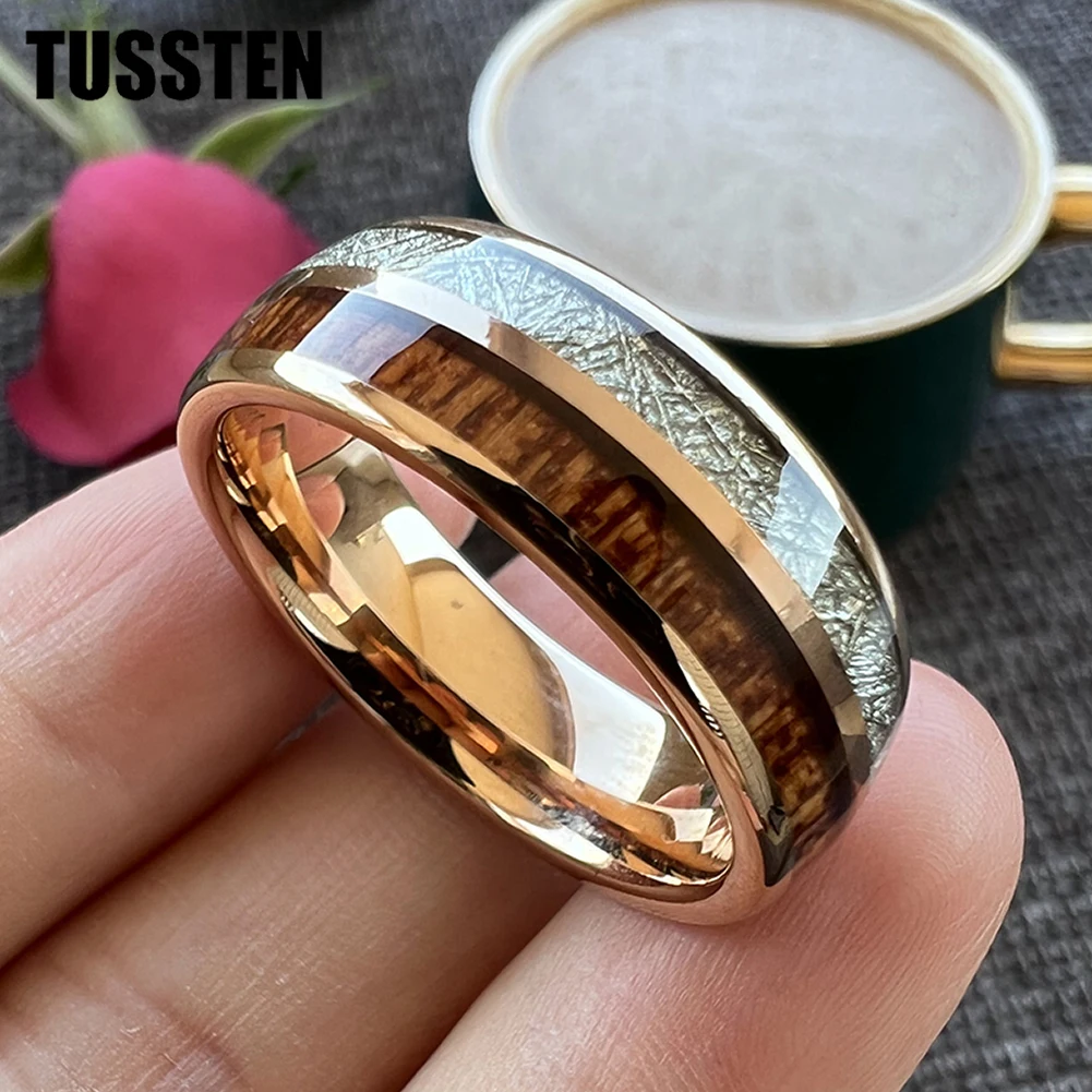 Dropshipping TUSSTEN 8MM Men Women Tungsten Carbide Ring Wood Meteorite Inlay Nice Wedding Accessories Jewelry