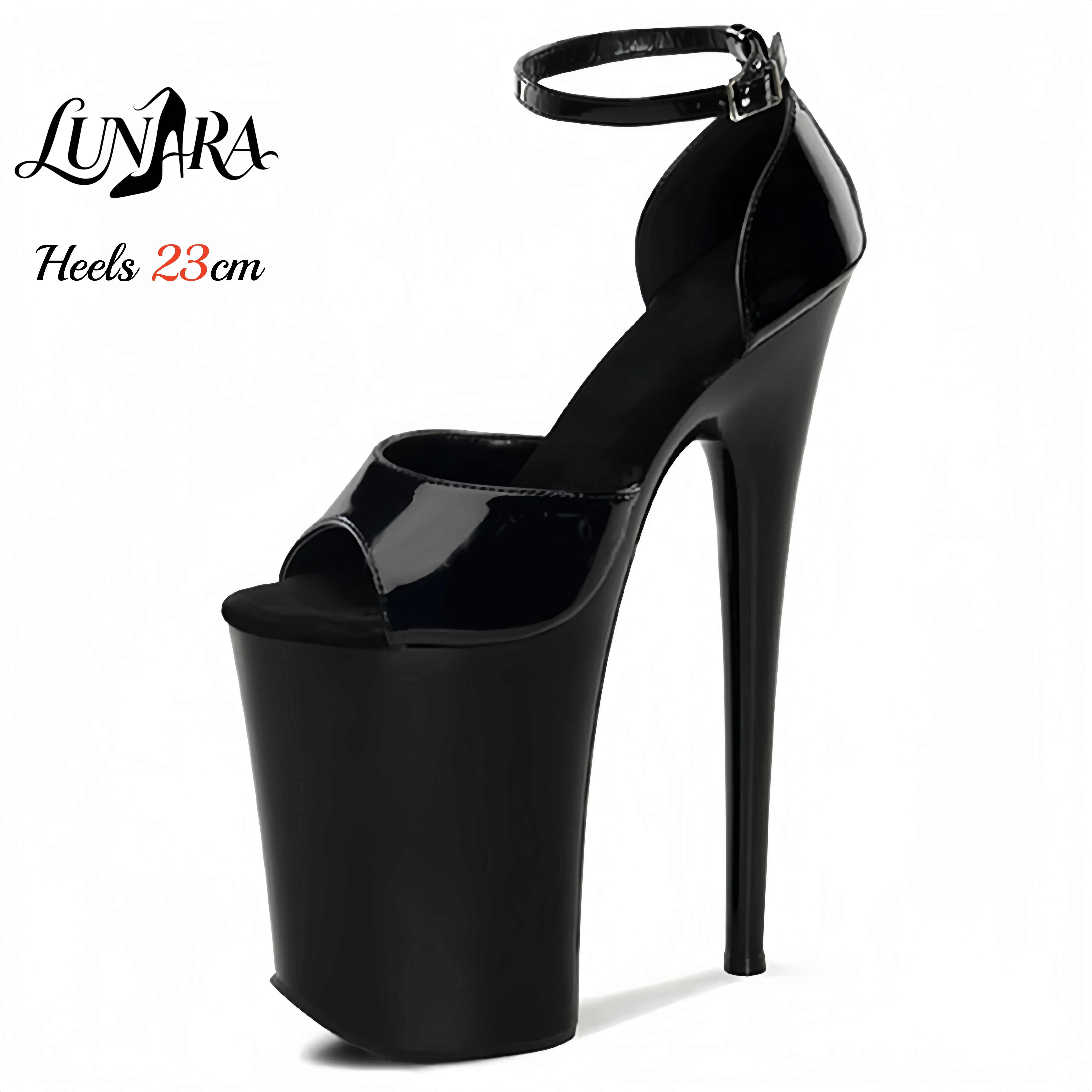 Sandalias de plataforma con tacón de aguja extremo, rojas, de charol, con correa en el tobillo y hebilla, de 23 cm/9 pulgadas, para mujer, ideales para bailarinas de striptease, pole dance, discotecas, raves y fiestas.
