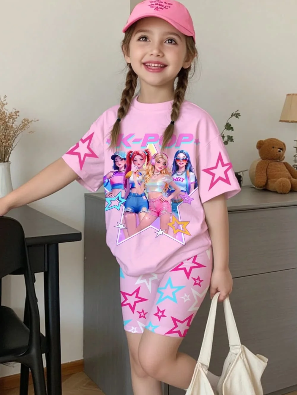 K-Pop Cartoon Grafik Mädchen T-Shirt und Hosen Set Mädchen Sommerkleidung Niedliches Kurzarm-Set Kinder T-Shirt und Shorts Set – Detail 6
