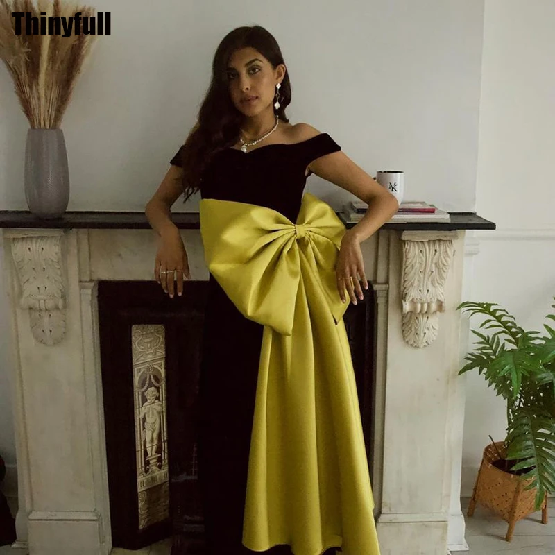 

Thinyfull Saudi Arabia Satin Prom Dress Off Shoulder Evening Party Dresses with Bow Dubai Formal Occasion Gown Robe De Soirée