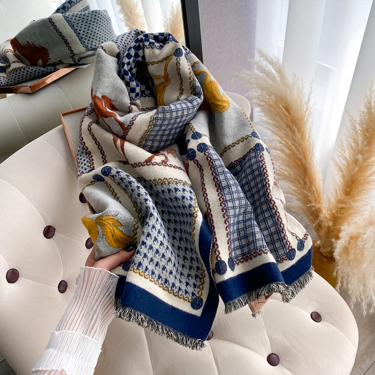 Neue Luxus Marke Zweiseitige Jacquard Schal Kaschmir Weiche Warme Fringe Pashmina Das Pferd Schal Winter Kältebeständig Winddicht Decke – Detail 14