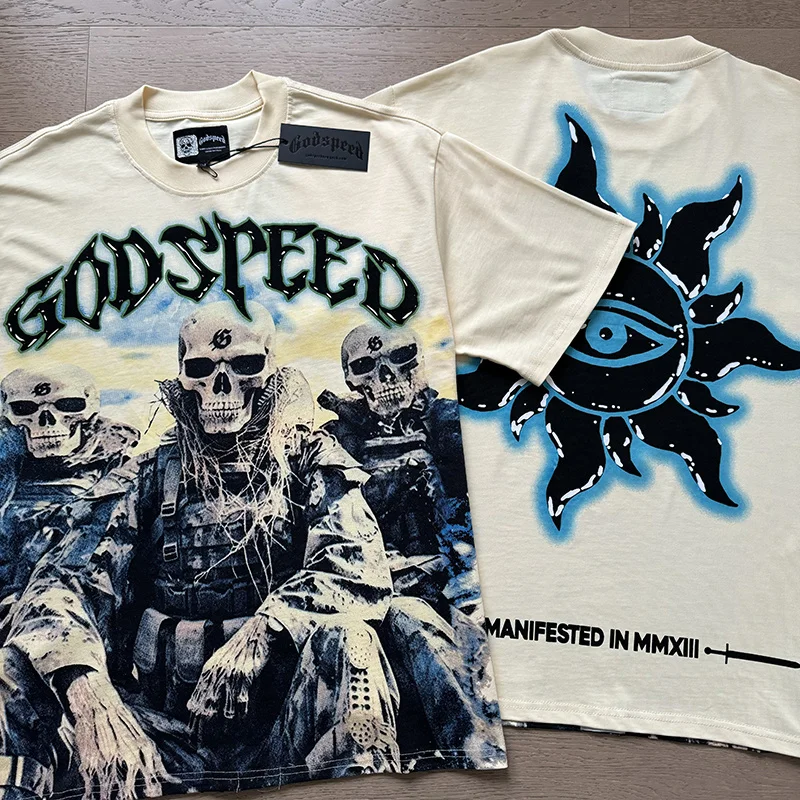 Godspeed Military Style Skeleton Print Cotton T-Shirt Loose Fit Summer Casual Short Sleeve Versatile Streetwear for Teens And...