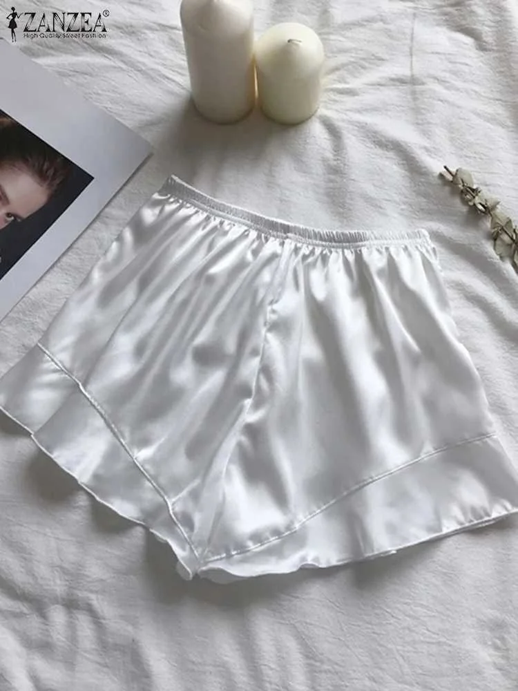 ZANZEA Summer Satin Home Sleep Shorts Elegant Silk Ruffled Wear Hot Pants 2024 Women Fashion Loose Elastic Waist Casual Shorts