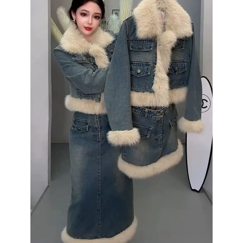 Women's Fashion Pocket Cotton Denim Suit Winter Short Denim Jacket + Skirts 2026 New Mao Mao Warm Coat Jackets One-Step Skirt