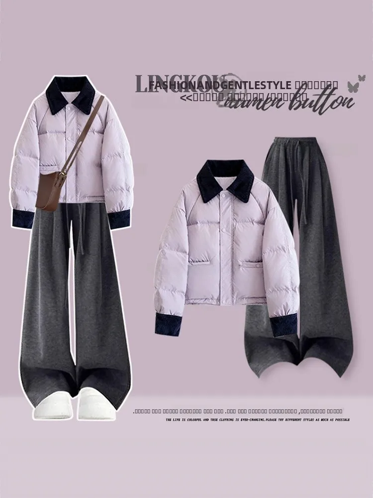 

plus Size Autumn Winter Casual Set Women's Purple Korean Style Warm Cotton Jacket with Vintage Slimming Casual Pants Two Piec...