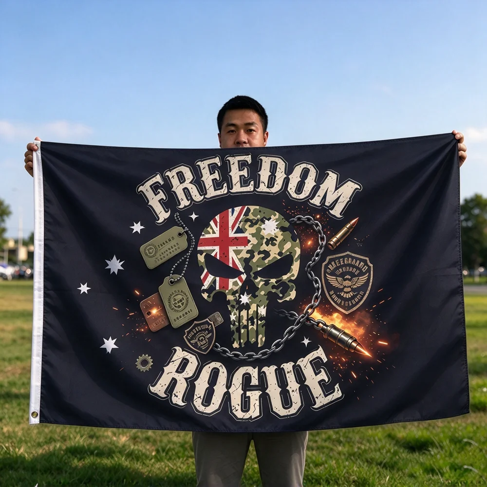 Freedom Rogue UK Camo Skull Military Dog Tag Flag 2x3ft 3x5ft Polyester Banner Bullet Chain Patriotic Skull Wall Hanging Decor