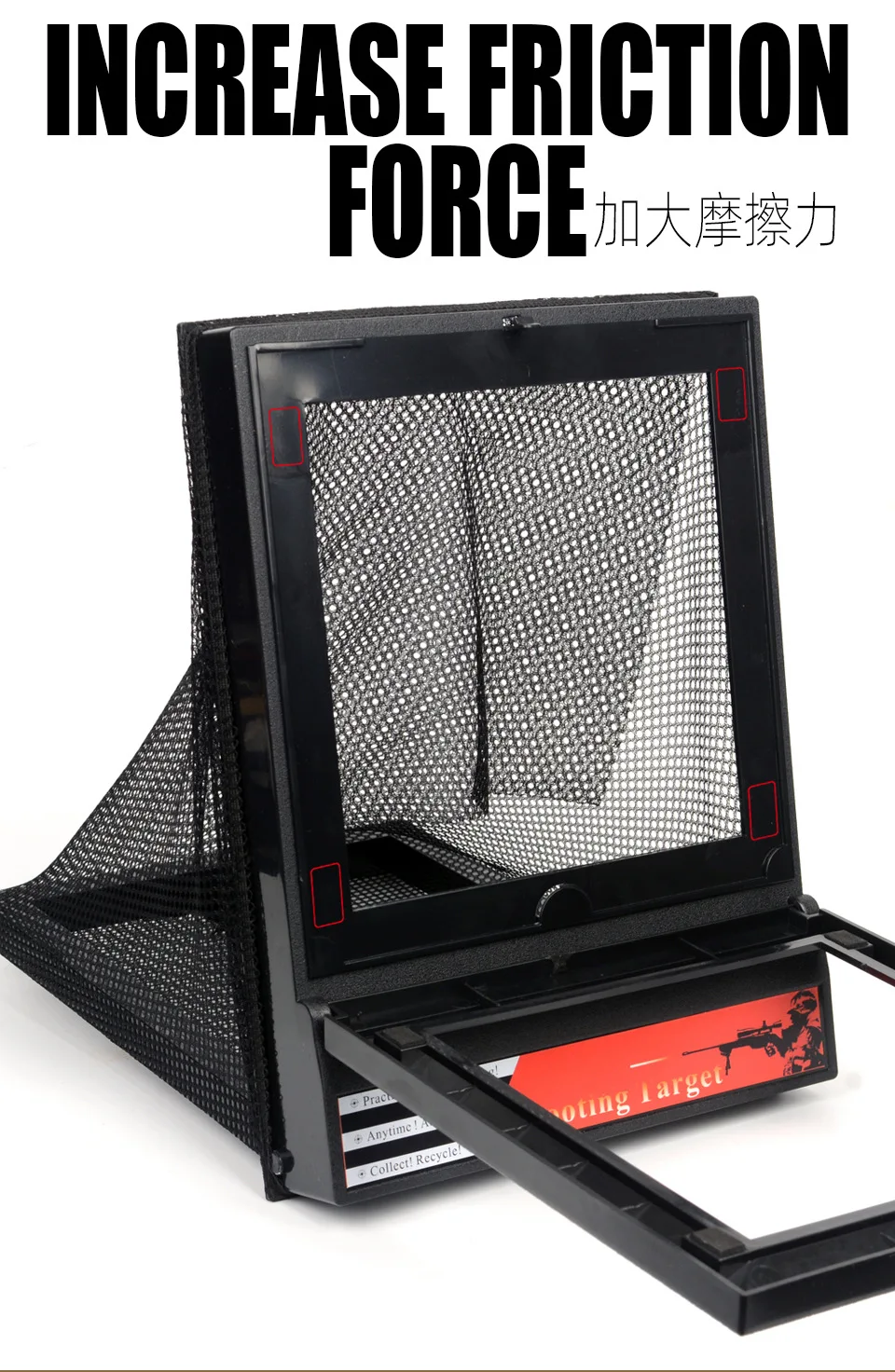 System celowniczy AEG Airsoft z siatką łapczącą i papierowymi tarczami do treningu strzelania z kulami BB w pomieszczeniach i na zewnątrz