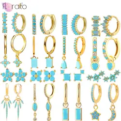925 Sterling Silver Needle Niche Light Luxury Blue Turquoise Series Circle Earrings Pendant Women's Earrings Trendy Ear Jewelry