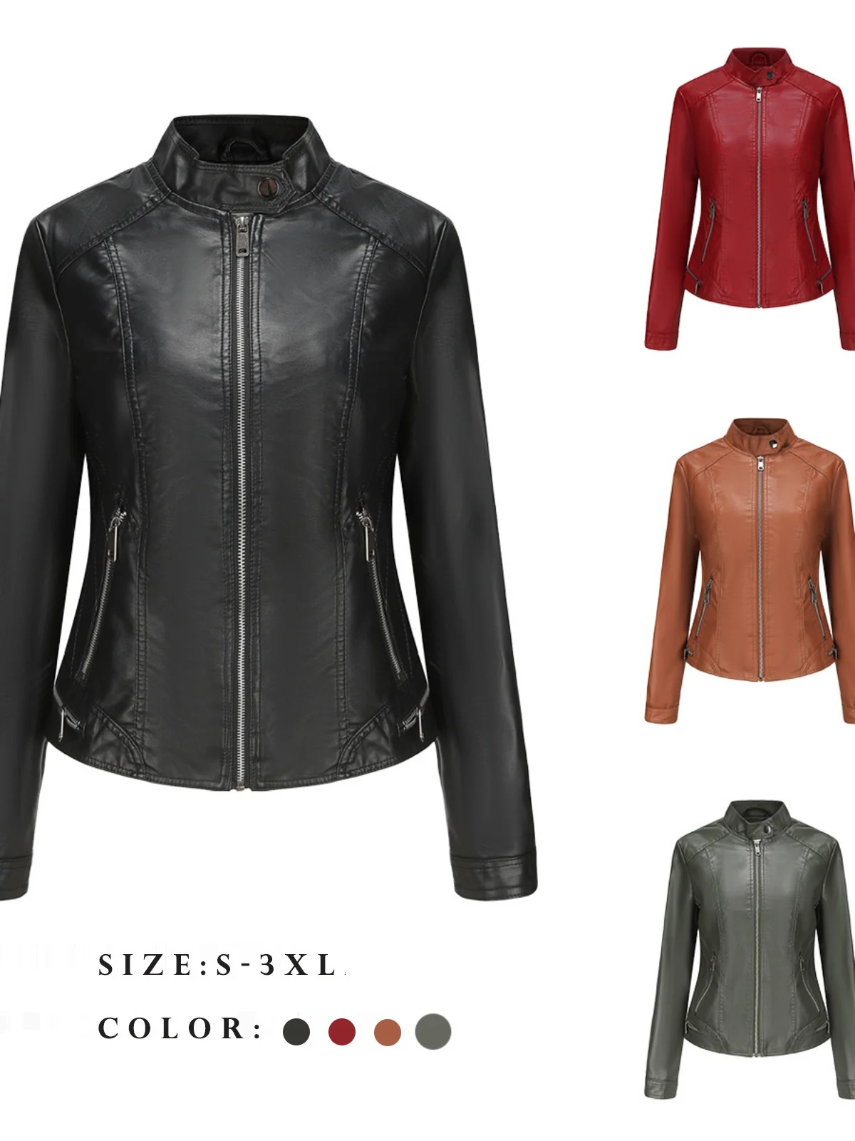 

Ele Thin Long Sve Leather Jaet PU Leather Coat Street Sle Slim Fit Zipper Closure Women's Faion Spring Autumn