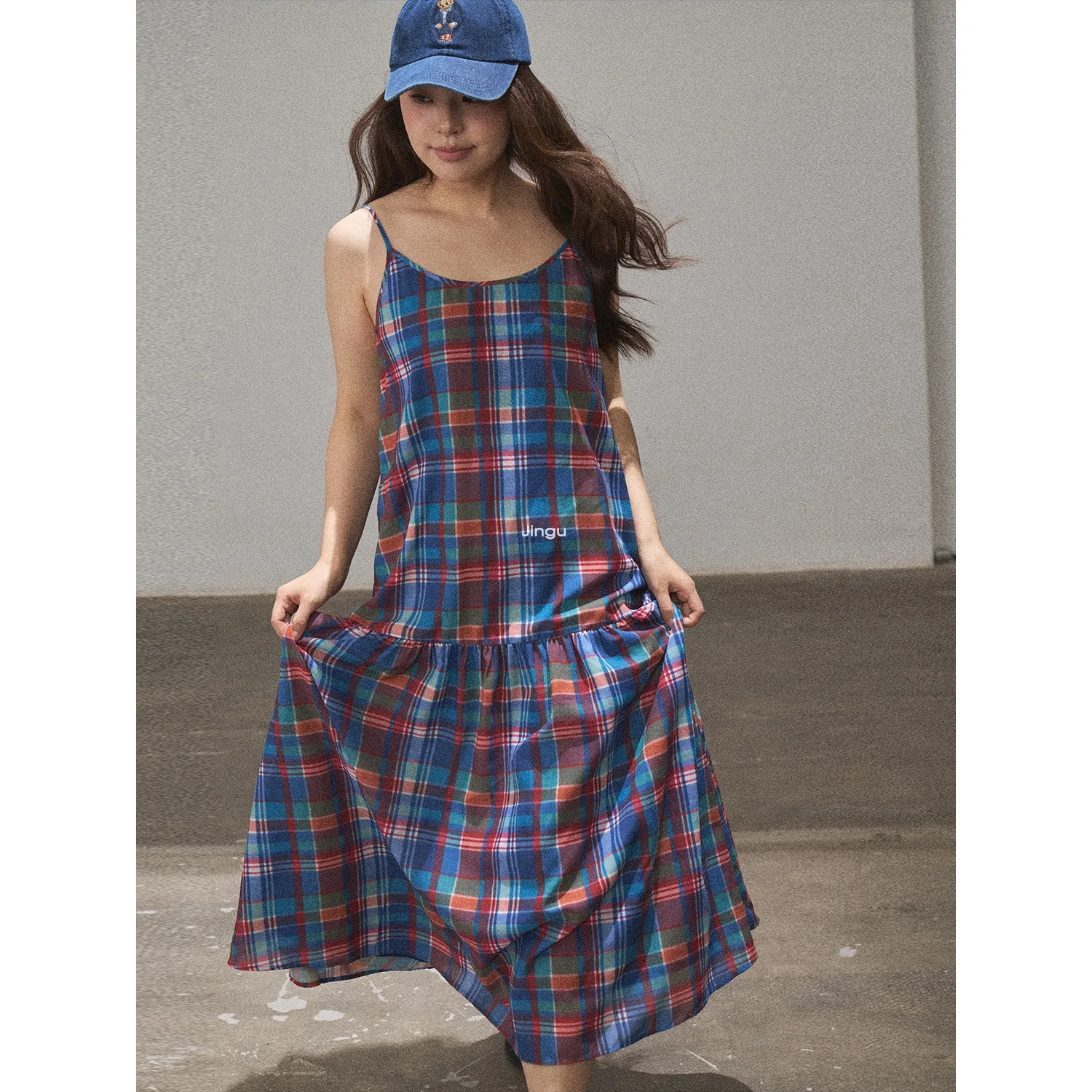 

JINGU Kolor Block Plaid Strap Dress Lazy Vintage Contrast Color Long Short Version Summer Casual Style round Neckline Loose Fit