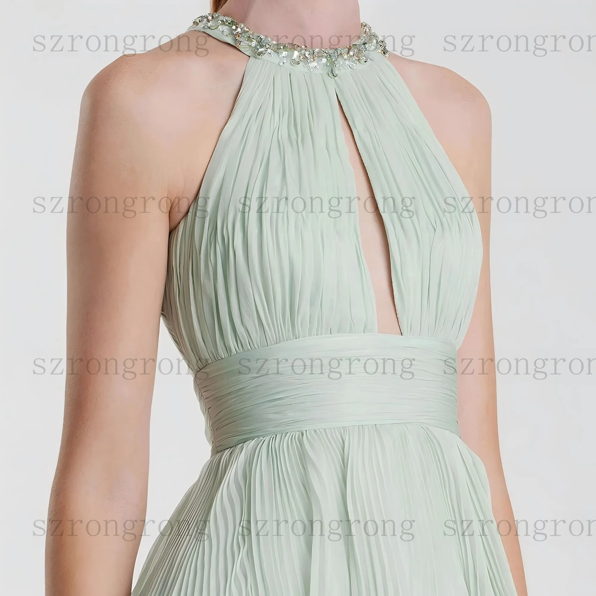 Robe de soirée trapèze personnalisée, longueur au sol, col rond, sans manches, mode cristal, Simple, drapée, dos nu, robe de soirée