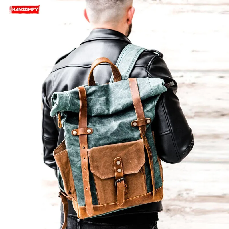 

Retro Waterproof Canvas with Leather Men Backpack Shoulder Bag Locomotive Men Travel Backpacks Large Capacity Computer Bags