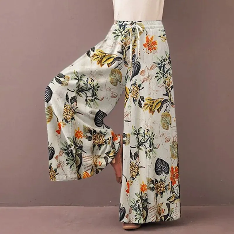 Women Floral Print Wide Leg Pants Spring Autumn Fashion Drawstring Bohemia Trousers Ladies Casual Loose Elastic Waist Pantalon