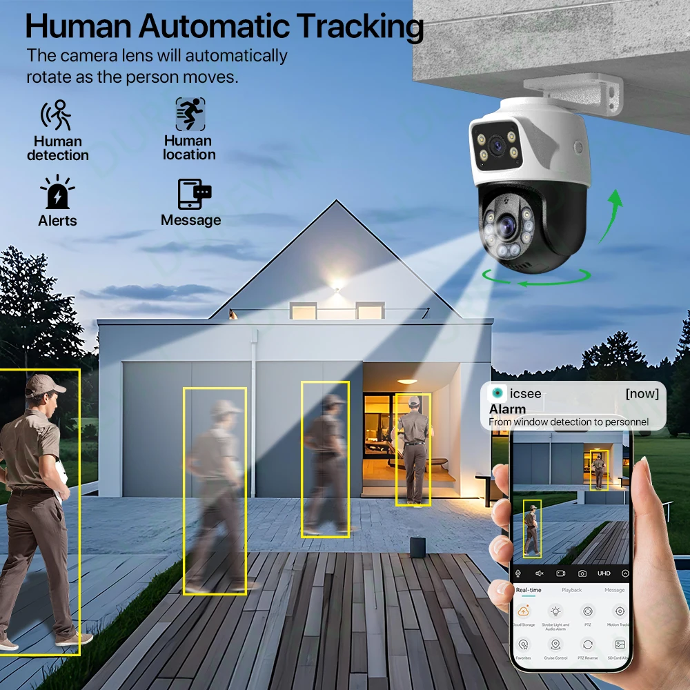 Dual Lens 4K 8MP PoE CCTV Camera Outdoor PTZ 355 Pan 90 Tilt AI Human Detection Two Way Audio Color Night Vision Monitoring