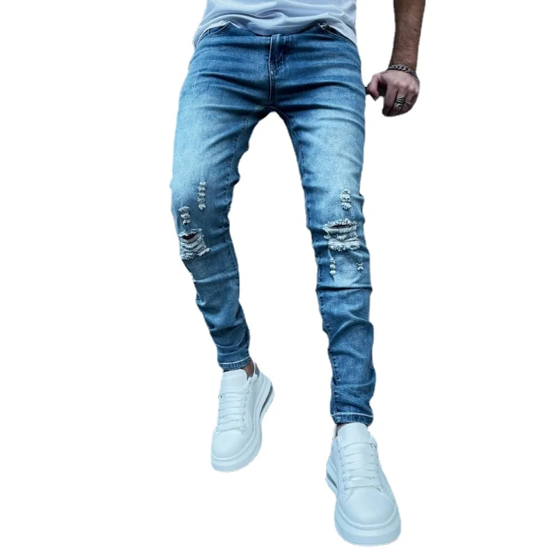 

2024 Men's New Fashionable Distressed Solid Color Slim Fit Jeans Street Men's Casual Elastic Straight Leg Jeans