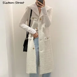 Apricot Tweed Dress Women Golden Button Winter Fall Turn-down Collar Chic Wool Knit Dresses Ladies Clothing Autumn Business